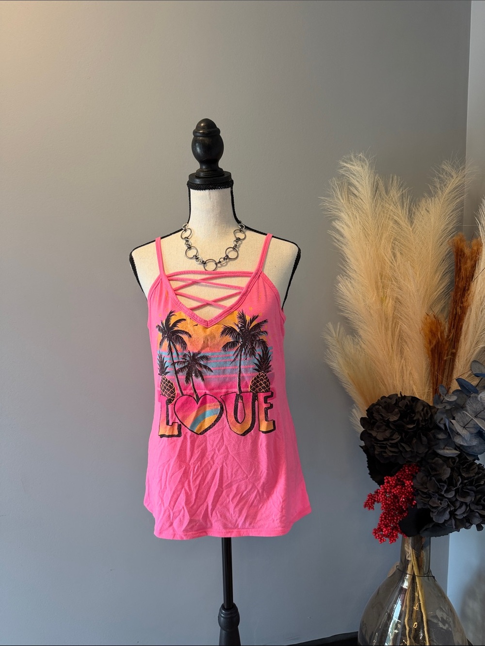 No Boundaries Pink Strappy LOVE Tropical Palm Tank
